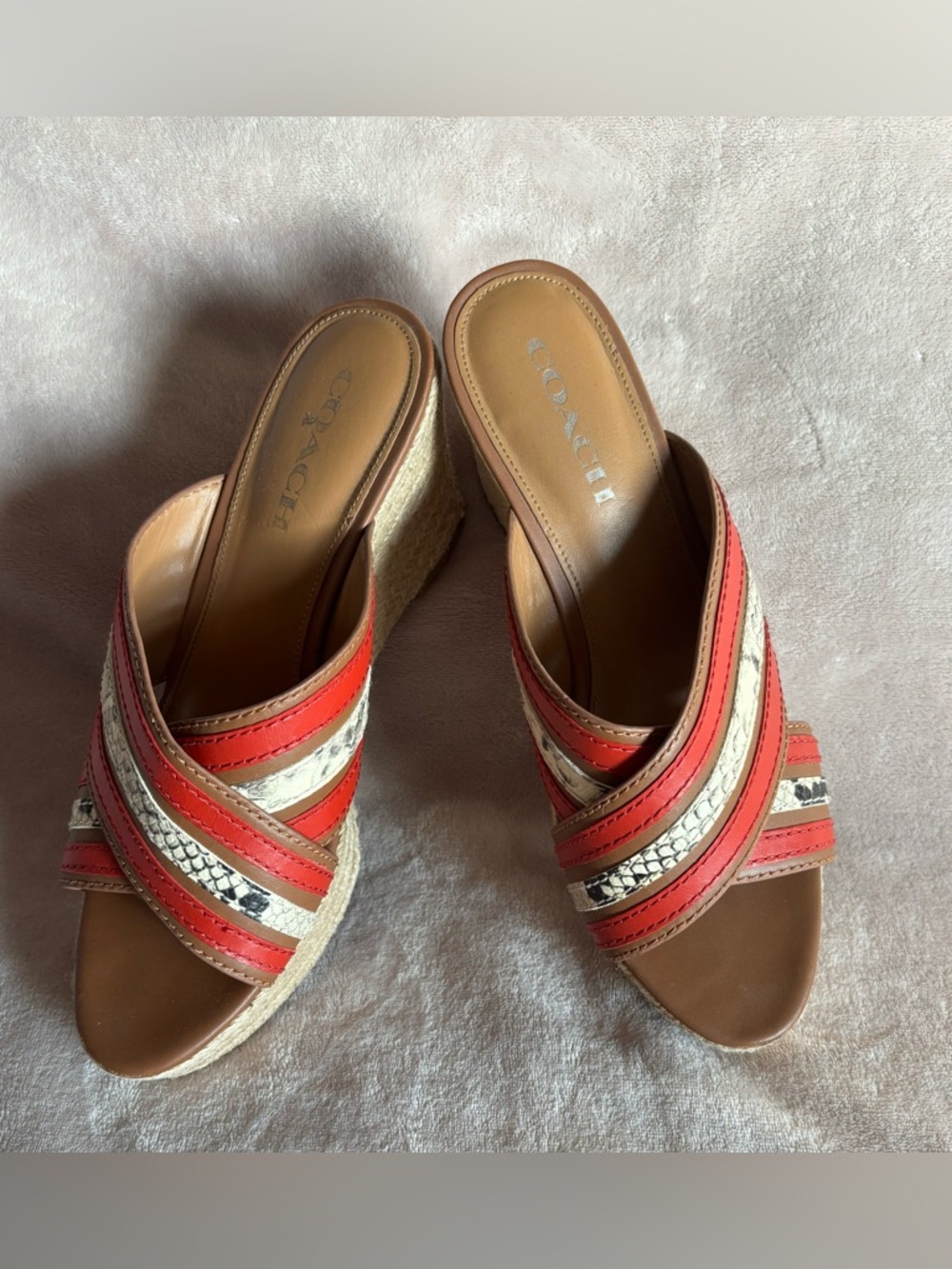 Coach Coral & Cream Wedge Slide Sandals